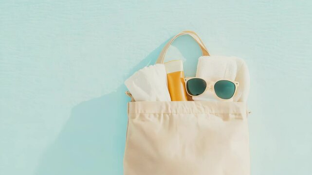 Beach day essentials in tote bag against pool water background: sunglasses, towel, and sun cream