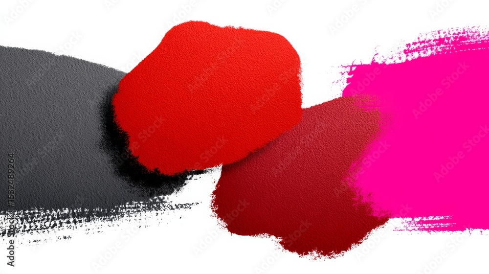 Poster close up of three different colored blobs of paint, one of which is red. the other two are black and
