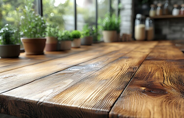Empty rustic wooden table on a sun-drenched forest floor, perfect for a natural summer design