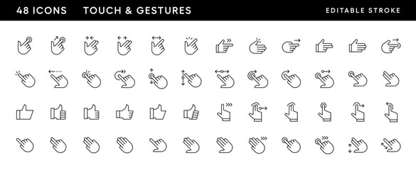 Touch and gestures icon set. Hand gesture, touch, finger interaction, swipe, slide, finger pointer, tap and more. Editable stroke. Pixel Perfect. Grid base 32 x 32.
