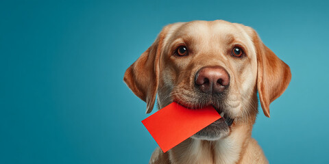 Pale yellow Labrador dog holds red card in mouth against blue background Free space for text or advertisement Mockup