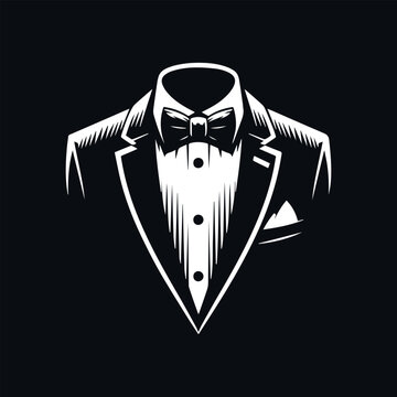 Bold monochrome formalwear emblem showcasing white tuxedo silhouette with distinctive bow tie on rich black field