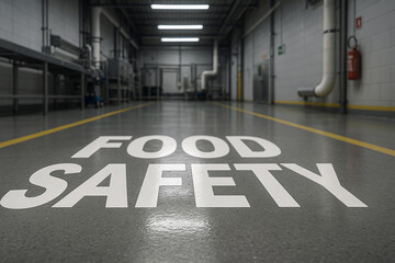 FOOD SAFETY written in large white letters on clean industrial floor in food engineering facility, focusing on sanitation, contamination prevention, and quality management