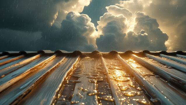 Dramatic Sunset Sky Over Rain-Soaked Roof A Stunning View of Nature's Power