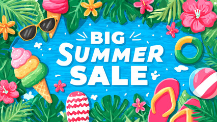 夏のトロピカルアイテムと「BIG SUMMER SALE」の手書き風イラストバナー