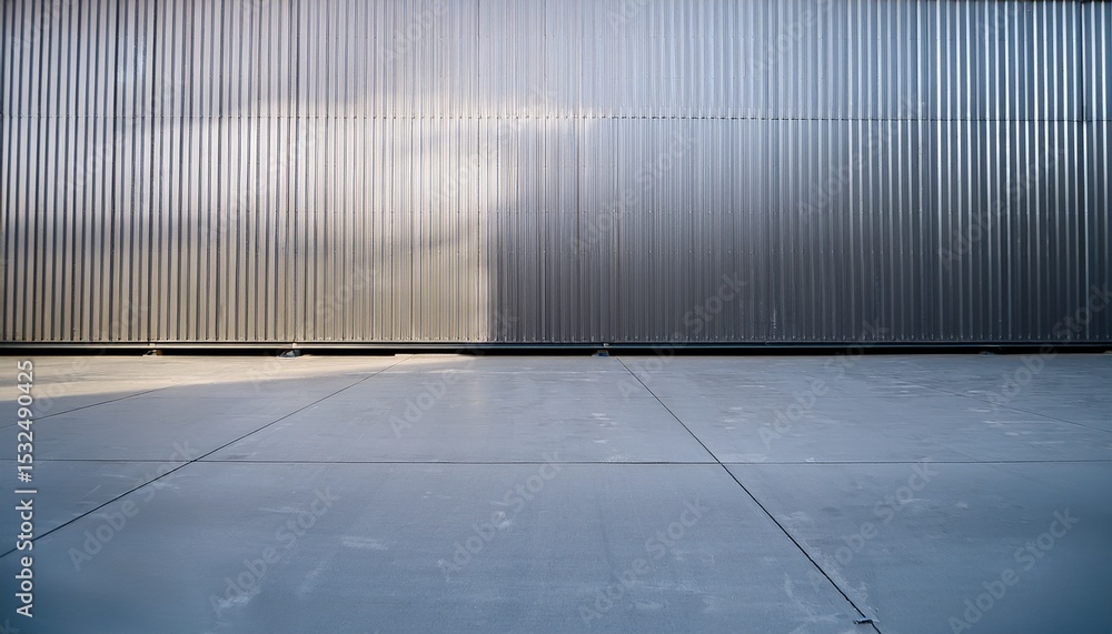 Poster a warehouse building featuring a metal sheet wall in juxtaposition with a concrete floor with copy s