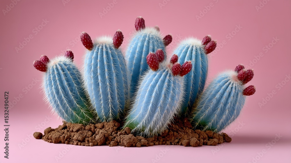 Poster group of blue cacti with red flowers on them. the cacti are arranged in a way that they look like th