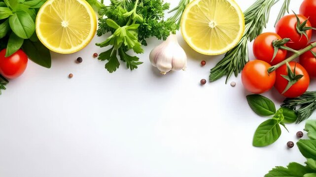 Fresh cooking ingredients arrangement featuring tomatoes on the vine, lemon slices, herbs, spices and garlic on a white surface