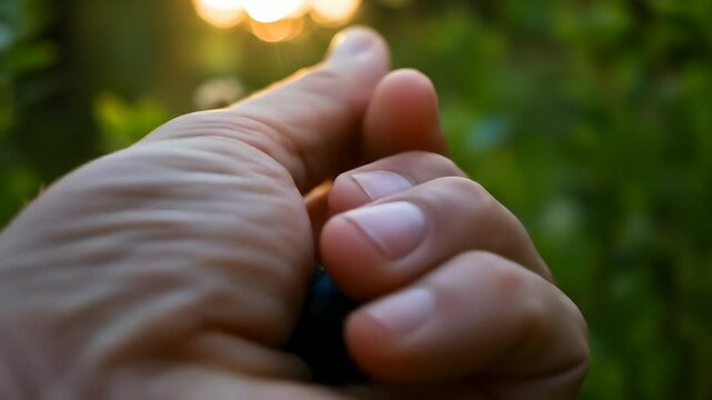 Single Blueberry Held in Hand at Sunset with Warm Lighting