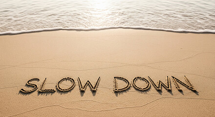 Sand beach, ocean wave, words Slow Down written in sand, suggesting relaxation and mindfulness, vacation mood