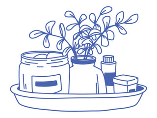 Blue Outline vector isolated Doodle Illustration of Decorative Interior Still Life. Tray with Soap, Vase with Branches, Beauty Product Jars