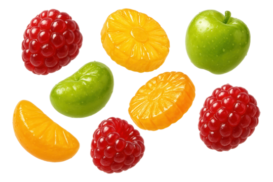Assorted colorful fruit-shaped hard candies resembling apple, orange, raspberry, and lime.