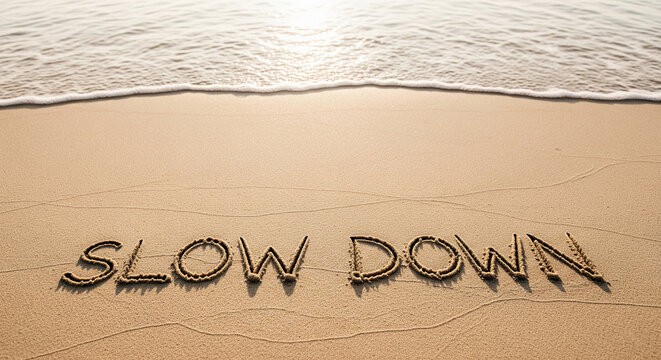 Sand beach, ocean wave, words Slow Down written in sand, suggesting relaxation and mindfulness, vacation mood
