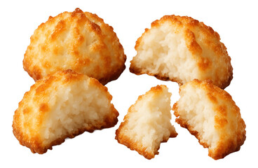Golden brown coconut macaroons with a crunchy exterior and soft interior, shown whole and halved.