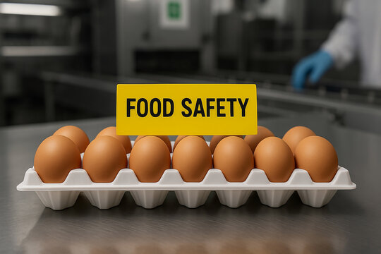 Tray of brown eggs with food safety sign in industrial environment representing control measures, traceability, and food safety assurance in egg production facilities
