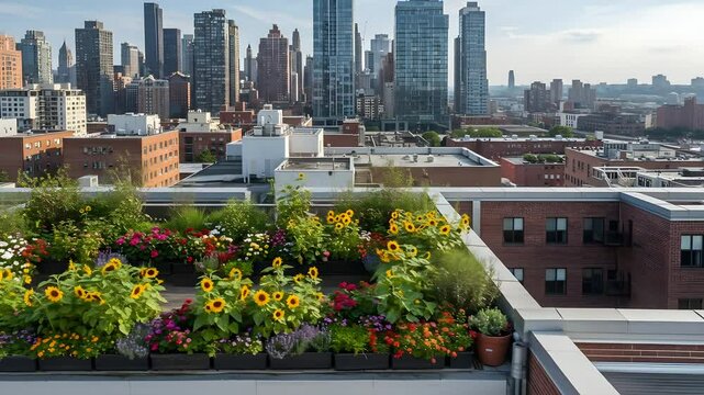 Urban Rooftop Garden with Blooming Sunflowers and Cityscape View