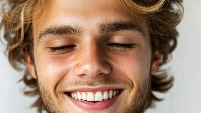 Young man with smile sequence: transition from eyes closed to joyful expression