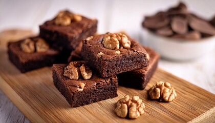 delicious chocolate brownies with walnuts on rustic wooden board