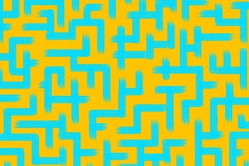 Geometric maze colorful seamless pattern. Brush drawn blue and yellow gold color. Abstract maze geometric vector background. Irregular labyrinth pattern in bright colors. Hand drawn intricate banner