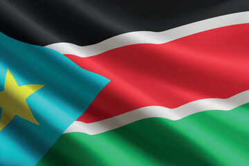 South Sudan flag waving in the wind, detailed silk texture