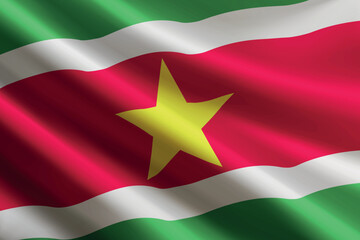 Suriname flag waving in the wind, detailed silk texture
