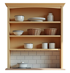 Kitchen shelving with white ceramic dishes and wicker baskets in cozy setting