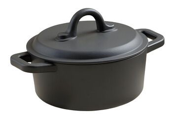 Black cast iron pot with lid and handles, perfect for cooking and slow simmering