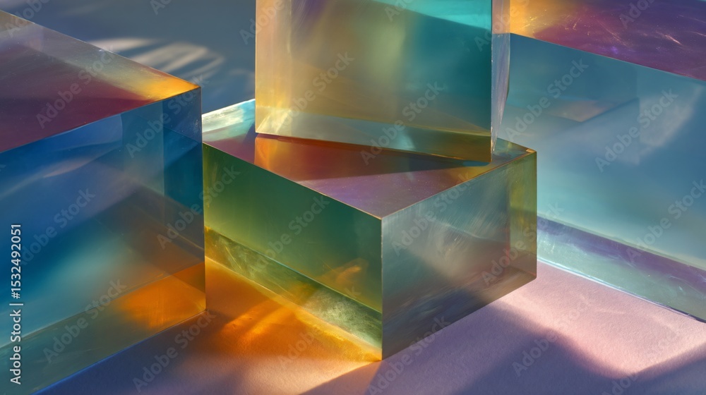 Poster large translucent geometric shapes stacked to create a visually captivating abstract composition