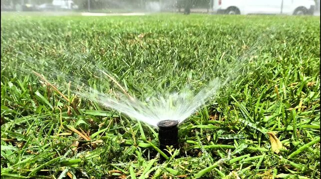 Fondo de aspersor riego de agua con c&eacute;sped grama 