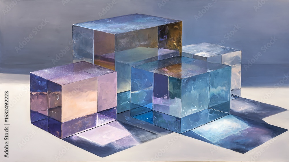 Poster abstract translucent cubes are carefully stacked, creating a light-filled geometric composition of