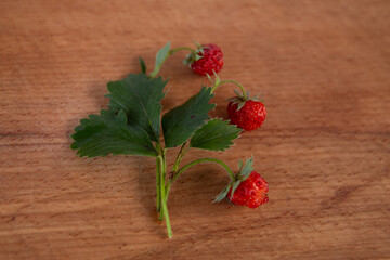 Strawberry branch with red berries on wooden board,
Fresh strawberry branch with ripe red berries and green leaves lying on a rustic wooden board. Natural fruit still life.
