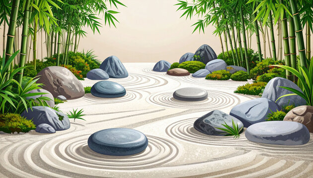a serene japanese garden scene with a bamboo grove path, rocks in a zen style arrangement forming a meditative circle, stones peeking through a carpet of moss, and a tranquil pond reflecting the folia