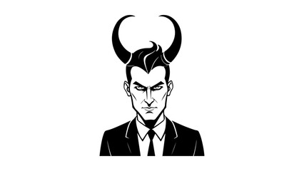 man in suit and with horns staring, illustration of a evil businessman in suit with horns