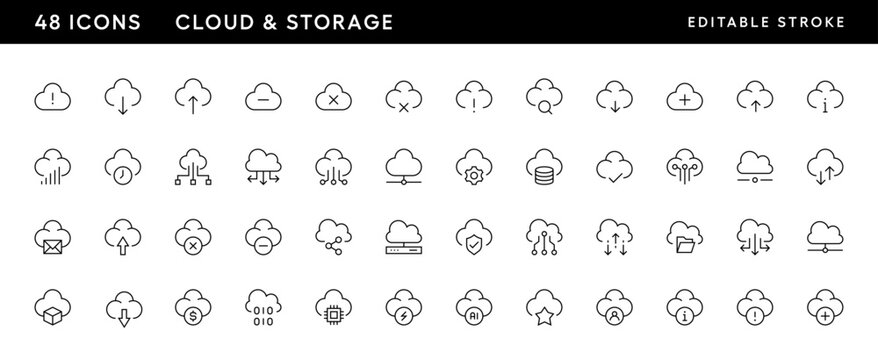 Icons. Cloud icon collection. Storage icon set. Information technology, server, cloud computing, web server, hosting, data center and more. Editable stroke. Pixel Perfect. Grid base 32 x 32.