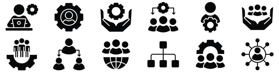 human resource organization management with gear setting icon set teamwork structure hierarchy leadership diagram employee network symbol vector collection illustration for web and app. vector stock. 