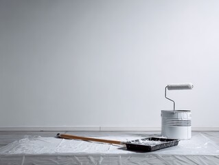 White paint roller tray and drop cloth on floor against a white wall factory