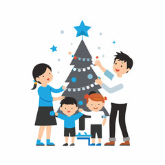Colorful illustration of a family decorating a Christmas tree together, creating a festive holiday atmosphere
