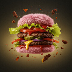 Surreal burger with pink fur instead of a bun. Pink fur. Delicious meat burger.