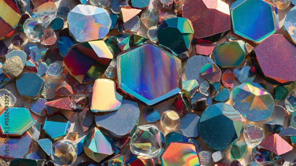 Poster a vibrant assortment of iridescent geometric shapes creates a dazzling textured background pattern.