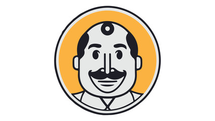 vector illustration of a funny face, simple smiling baker face with mustache on orange circle background 
