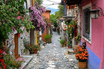 Naklejka premium Charming cobblestone street with colorful houses and vibrant flowers with European village.