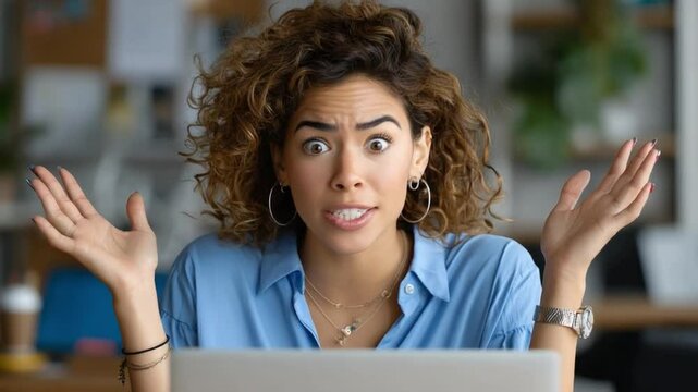 Confused Expression: A close-up shot of a woman, eyes wide with shock and bewilderment, displaying an expression of confusion and questioning in a candid, indoor setting.
