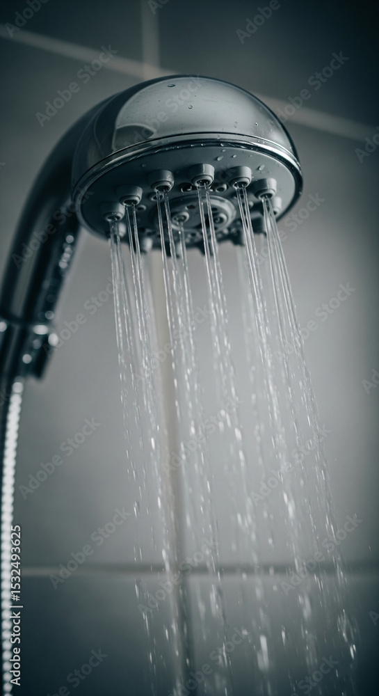 Poster close-up of metallic shower head, water streams flowing down, clean and refreshing visual, represent