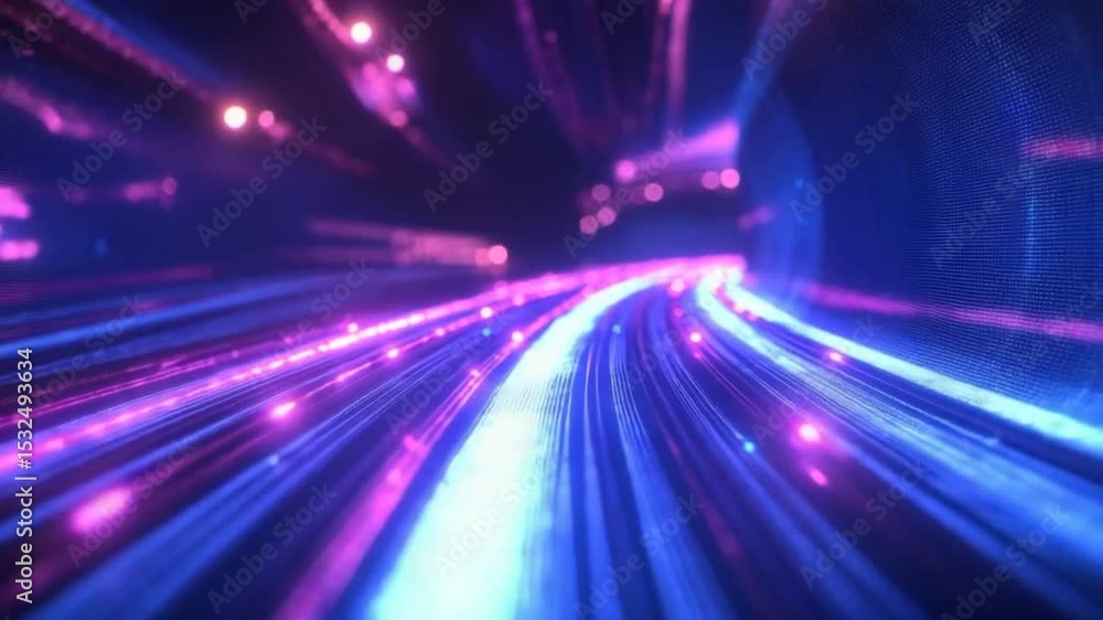 Poster digital tunnel of light streaks flowing through a cyber data stream network