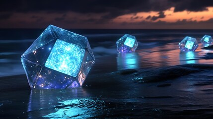 Floating polyhedra with bioluminescent interiors 