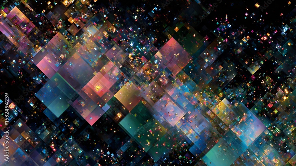 Aufkleber iridescent geometric shapes explode across a dark, moody background in a dynamic, abstract display