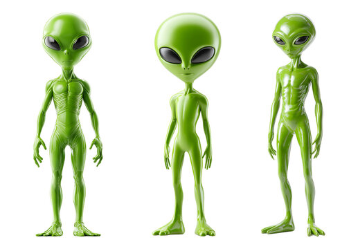 3D green alien character standing isolated transparent background.