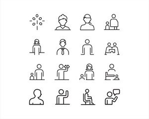  People icons such as representing different human figures and social interactions , a figure holding "a speech bubble, a figure waving, a figure sitting.