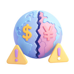 Economic Disruption Concept Illustrating Dollar and Yen on a Broken Globe