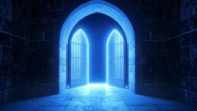 Stone arched doorway with double doors open, light pouring in, blue illumination, aged medieval castle hallway, gothic architecture, fantasy world